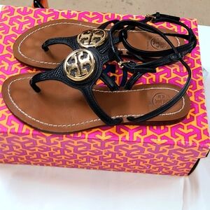 Tory Burch Designer Emmy Black Brown Sandals Sz 6